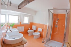 bathroom with orange tiles and white sanitary equipment