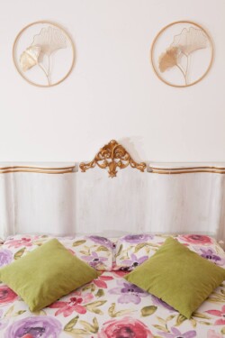 bed headboard, wall decoration and bed with scatter cushions